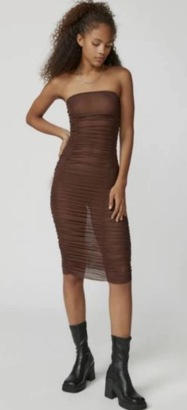 NWT Urban Outfitters Mia Brown Mesh Ruched Strapless Midi Dress Bodycon Y2K S